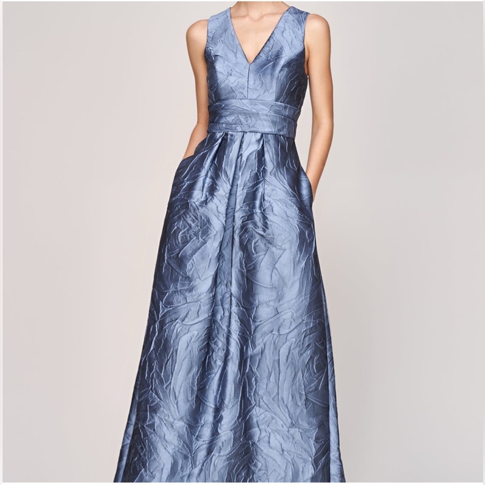 Kay Unger Blue Textured V-Neck Maxi Dress